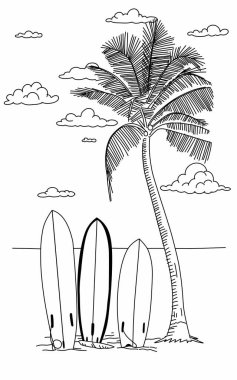 Plajdaki hindistan cevizi ağaçlarının ve sörf tahtalarının çizimi.