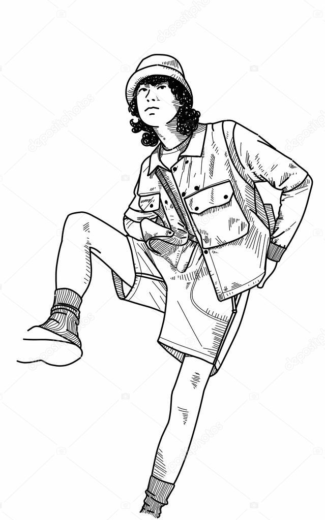 A sketch black line drawing of a man in shorts and a hat