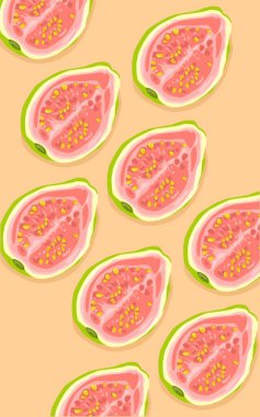Pembe ve yeşil yarım dilimlenmiş guava meyvesi deseni. Tropik meyve guava tohumları