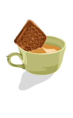 Kahvaltı için içinde çikolatalı bisküvi olan yeşil bir fincan kahve.