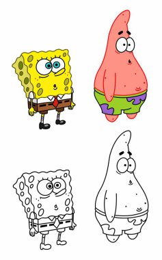 Şirin pembe denizyıldızı ve sarı makara çizgi film karakteri boyama sayfası