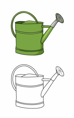 Yeşil sulama kutusu sayfa resimlerini boyuyor. Bahçe aletleri