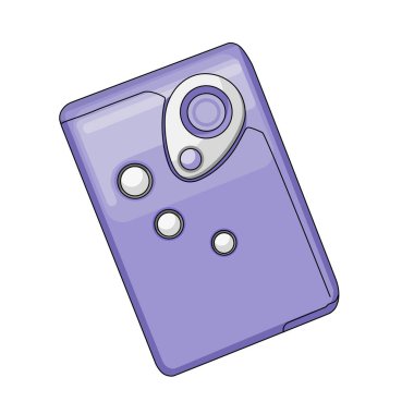 Ekran ve düğmeli bir karikatür, mor renkli elektronik cihaz sesli müzik çalar. Retro tarzı müzik çalar teknolojisi