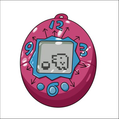 Üzerinde ekran olan pembe ve mavi bir oyuncak. Retro oyuncak teknolojisi