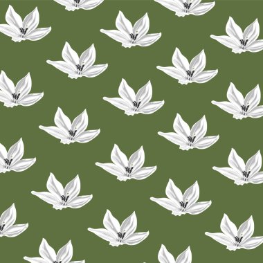 Yeşil arka planda beyaz çiçek deseni. Doğal bitki yeşili arkaplan kumaşı