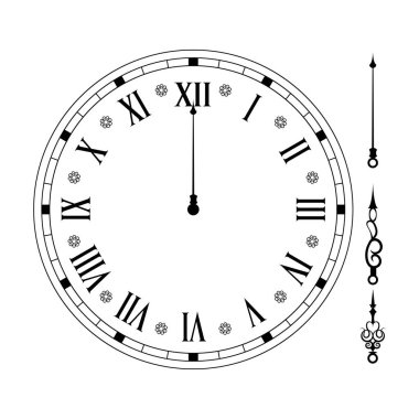 Black and white elegant clock face with Roman numerals I, II, III, IV, V, VI, VII, VIII, IX, X, XI, XII, and decorative hands. Vintage style illustration.