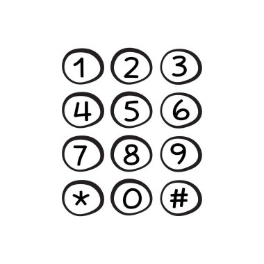 El çizimi telefon tuşları. Özellikler: 0, 1, 2, 3, 4, 5, 6, 7, 8, 9, yıldız ve esrar sembolleri. Sketchy, doodle tasarımı.