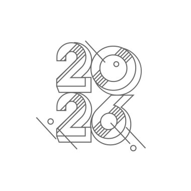 2026 yılında, soyut ve modern tasarım elementlerinin yer aldığı geometrik çizgi çizgisi çizimi. Gelecek temalı projeler için mükemmel. Sayılar: 2, 0, 2, 6.