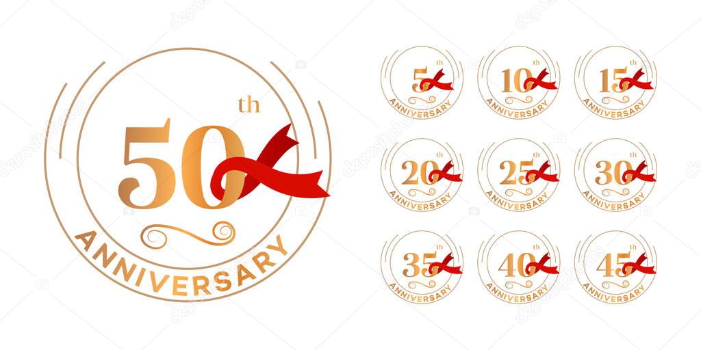 Collection of elegant anniversary logo designs with golden numbers, a red ribbon, and circular frames. Features years 5, 10, 15, 20, 25, 30, 35, 40, 45, 50.