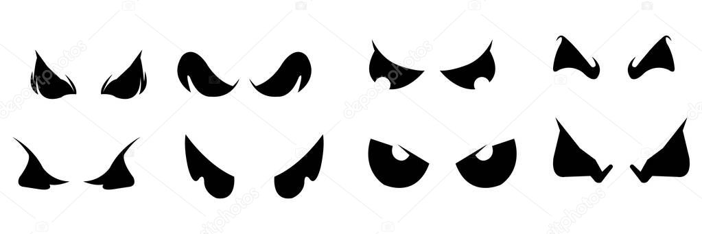 Collection of eight pairs of black stylized monster and villain eyes. Ideal for spooky designs, Halloween themes, expressive characters, and gaming elements.