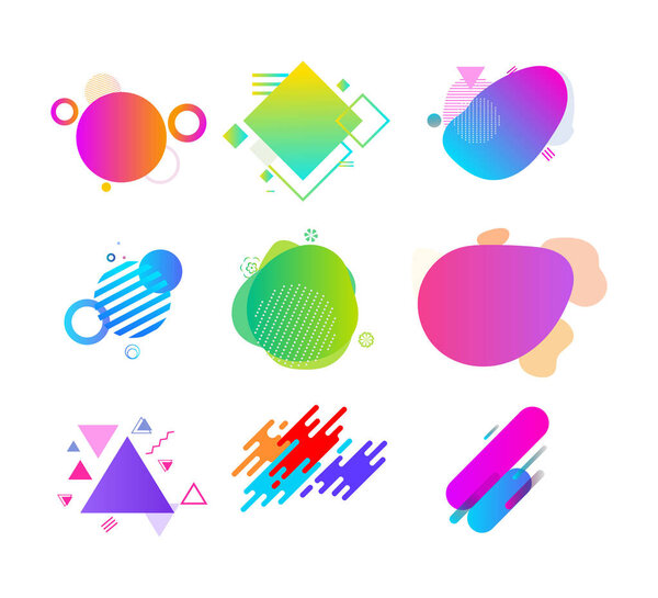 Коллекция ярких абстрактных форм с градиентными цветами, динамическими геометрическими и органическими формами. Идеально подходит для современного графического дизайна, веб-фона или творческих проектов.