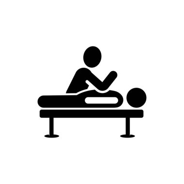 Masaj terapistini betimleyen siyah-beyaz bir ikon masaya uzanmış bir müşteri üzerinde seans yapıyor. Sağlık, rahatlama ve profesyonel vücut bakımını simgeliyor..