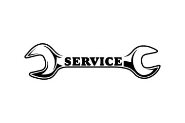 Açık uçlu İngiliz anahtarının siyah ve beyaz vektör çizimi. Tamirhaneler, endüstriyel tamiratlar, otomotiv hizmetleri ve bakım firmaları için ideal.