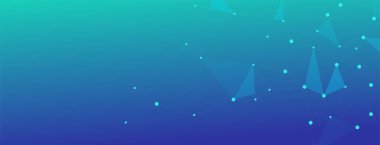 Bağlı noktalar, çizgiler ve üçgen şekillerden oluşan karmaşık bir geometrik ağa sahip soyut mavi ve yeşil gradyan, dijital teknolojiyi, veriyi ve küresel bağlantıyı temsil eder..