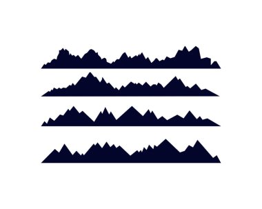 Beyaz arkaplana karşı dört yatay koyu mavi dağ silueti, soyut peyzaj tasarımı elementleri, sınırlar veya grafik ufku olarak kullanışlıdır.
