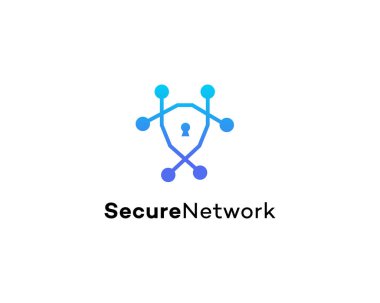 Modern gradyan mavi logo bir ağ bağlantısı tasarımı içeriyor anahtar deliğiyle bir kalkan oluşturuyor, dijital güvenliği temsil ediyor ve çevrimiçi ağları koruyor.