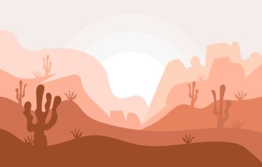 Minimalist düz tasarım, dağlarla, tepelerle, saguaro kaktüsüyle ve sıcak bir gökyüzünün altındaki diğer çöl bitkileriyle dolu sakin bir çöl manzarasının çizimi..