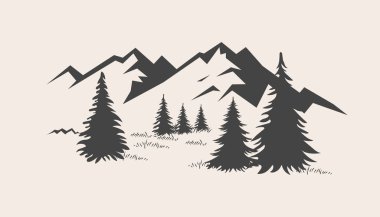Açık arkaplanda koyu gri dağlar ve çam ağaçları bulunan minimalist doğa manzarası. Açık hava ve seyahat temaları için grafik vektör illüstrasyonu.