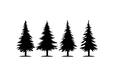 Dört adet minimalist siyah çam ağacı silueti, doğa temalı grafik tasarımı, logolar veya orman manzarası çizimleri için mükemmel. Basit ve modern vektör sanatı.