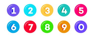 10 canlı, ışıl ışıl 3 boyutlu sayı simgeleri: 0, 1, 2, 3, 4, 5, 6, 7, 8, 9. Eğitim içeriği, bilgi grafikleri, kullanıcı arayüzleri veya sayım dizileri için mükemmel.