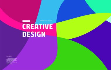 Renkli geometrik şekiller ve Yaratıcı Tasarım metni ile örtüşen soyut vektör arkaplanı. Modern sunumlar, pazarlama ve web şablonları için ideal.