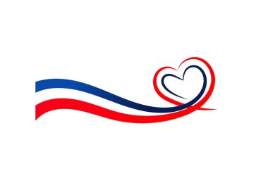 Dinamik kırmızı ve mavi kurdele, vatanseverliği, aşkı veya sağlığı sembolize eden bir kalp oluşturur. Çeşitli tasarım projeleri için modern vektör grafik ögesi.