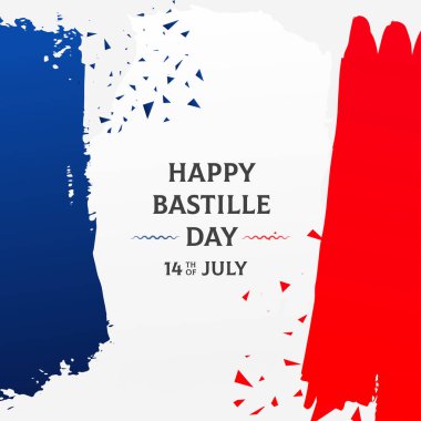 Canlı Bastille Günü 14 Temmuz, Fransız bayrağı renkleri, sıkıntılı fırça darbeleri ve şenlikli konfetiyle. Ulusal kutlamalar, pankartlar ve dijital selamlar için ideal.