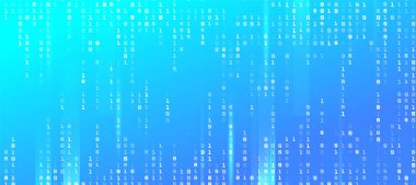 Beyaz ikili değer 0, 1 basamaklı soyut mavi arkaplan bir veri akışı gibi düşüyor, dikey ışık çizgileri ile modern bir dijital matris etkisi yaratıyor.