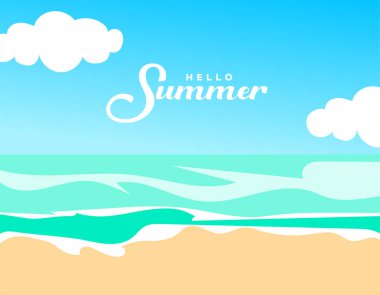 Mavi gökyüzü, beyaz bulutlar, turkuaz okyanus dalgaları ve Merhaba Yaz metninin yer aldığı kumlu sahilin canlı düz tasarımı. Mevsimlik selamlama, seyahat promosyonları veya tatil temaları için ideal.
