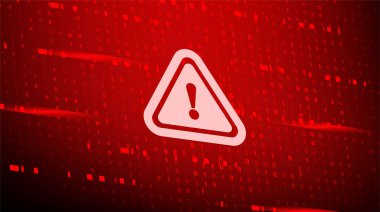 Parlak veri akışlarına sahip kırmızı ikili kod arka planı, ünlem işaretli belirgin beyaz uyarı üçgeni, dijital tehditleri, hataları ve siber güvenlik uyarılarını sembolize ediyor.