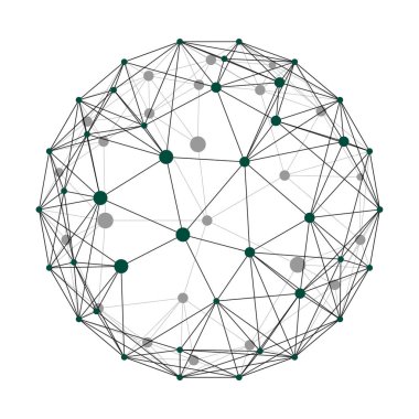 Siyah ve gri çizgilerle birbirine bağlı koyu yeşil ve gri düğümlere sahip soyut küresel veri, teknoloji ve bağlantıyı sembolize eden küresel ağ.