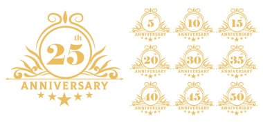 Altın yıldönümü amblemleri ve amblem seti. Jübile etkinlikleri ve sertifikaları için 5, 10, 15, 20, 25, 30, 35, 40, 45, 50 yıllık simgeleri içerir.