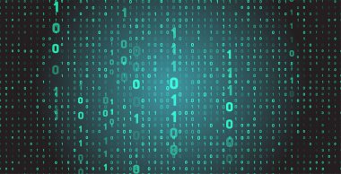 0 ve 1 numaralı parlayan ikili kodların soyut arkaplanı. Teknoloji, büyük veriler, siber güvenlik ve bilgisayar programlama için dijital konsept.