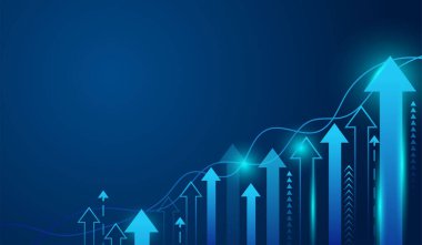 Finansal büyüme, iş başarısı ve borsa eğilimlerini temsil eden parlak mavi oklarla soyut bir arka plan. Dijital grafik kavramı.