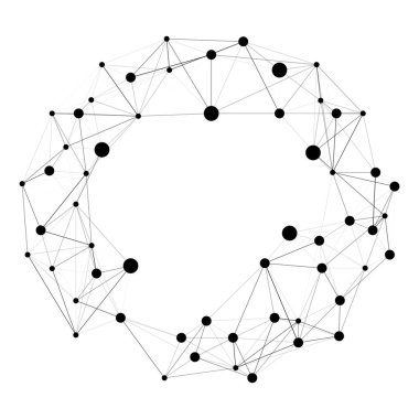 Birbirine bağlı noktalar ve çizgiler olan soyut dairesel ağ grafiği. Beyaz arka planda bir teknoloji, veri, iletişim ve bağlantı kavramı.