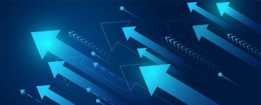 Parlayan mavi okları yukarı doğru hareket eden soyut teknoloji arka planı. Büyüme, başarı, ilerleme, yenilik ve dijital dönüşüm kavramı.