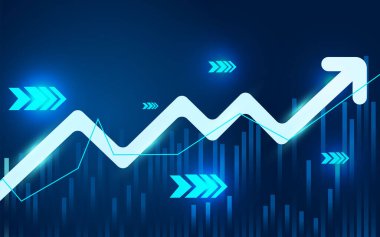 Artan bir ok grafiği ve mavi arka planda parlayan elementlerle soyut finansal tablo. İş büyümesi kavramı, borsa başarısı ve veri analizi.
