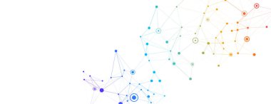 Bağlı nokta ve çizgilere sahip bir ağın soyut vektör illüstrasyonu. Beyaz zemin üzerinde renkli bir pleksus grafiği, teknoloji veya bilim afişleri için ideal.