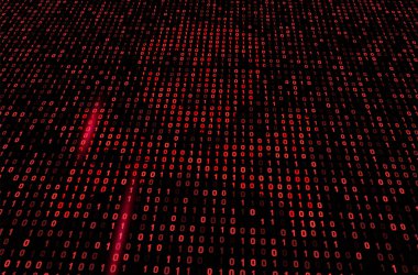 Siyah zemin üzerinde 0 ve 1 sayıları olan kırmızı ikili kod perspektifi. Teknoloji, veri ve siber güvenlik için soyut bir kavram.