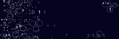 0 ve 1 numaralı ikili kod numaralarına sahip soyut dijital afiş. Koyu mavi arka planda kaybolan altıgenler fütüristik bir teknoloji kavramı yaratır..