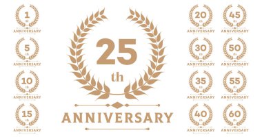 Altın defne çelenkleriyle yıldönümü amblemleri. 1, 5, 10, 15, 20, 25, 30, 35, 40, 45, 50, 55, 60 sayılarını içerir. Olaylar için vektör simgesi koleksiyonu.