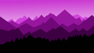 Mor ve mor tonlarında katmanlı bir dağ sırasının minimalist manzarası. Düz vektör illüstrasyon biçimi, arkaplan veya duvar kağıtları için ideal.