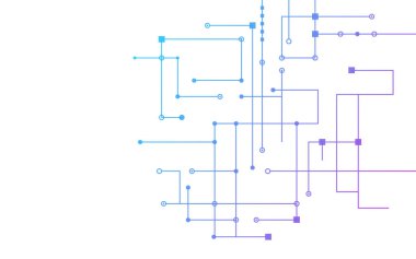 Bir devre kartı ya da ağ tasarımı ile soyut teknolojik arka plan. Özellikler birbirine bağlı çizgiler, noktalar ve kareler beyaz üzerine mavi-mor gradyan ile.
