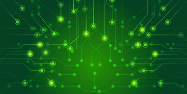 Parlayan yeşil bir dijital devre kartı olan soyut fütüristik bir arka plan. Teknoloji kavramı, ağ bağlantısı, veri işleme ve yapay zeka.