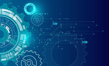 Parlak mavi dişlileri, devreleri ve ağ bağlantıları olan gelecekçi teknoloji geçmişi. Mühendislik, yenilik veya bilim kavramları için soyut dijital illüstrasyon.