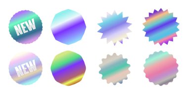 Yanardöner eğimli canlı holografik çıkartmalar seti. Daireler ve yıldız patlamaları gibi çeşitli şekilleri içerir, promosyon veya tasarım için NEW metni.