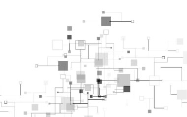 Birbirine bağlı geometrik kareler ağına sahip soyut teknoloji arka planı. Beyaz bir arkaplan üzerine dijital iletişim ve veri sistemi kavramı.