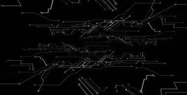 Fütürist devre kartının soyut vektör çizimi. Siyah alan üzerinde elektronik yolları ve veri bağlantı noktaları olan yüksek teknolojili dijital arkaplan.