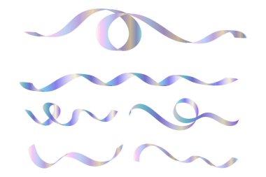 Holografik pastel gradyanı olan akıcı yanardöner kurdeleler koleksiyonu. Festivalsel tasarım, dekorasyon ve kutlama için izole edilmiş vektör elementleri kümesi.