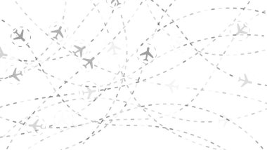 Uçak uçuş rotalarının soyut vektör çizimi. Temiz bir arkaplanda küresel hava yolculuğu, lojistik, ulaşım ağları ve bağlantı konsepti.